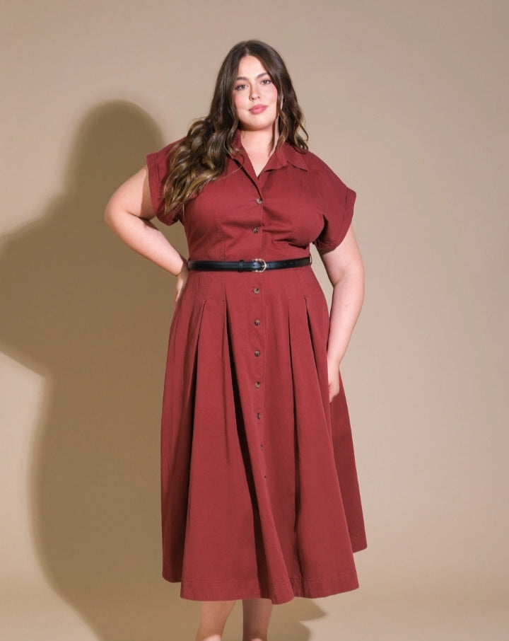 Berry Demure Midi Shirt Dress