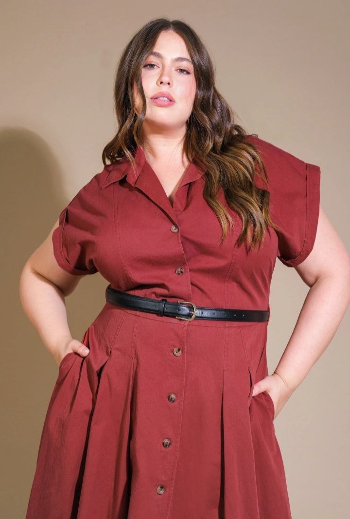 Berry Demure Midi Shirt Dress